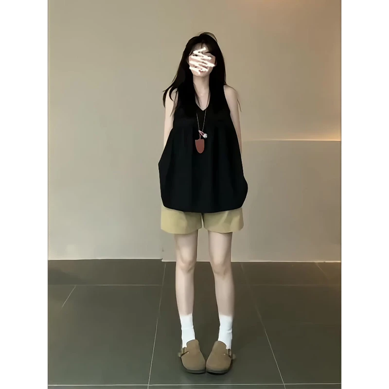 A1732#夏季新款韩系穿搭V领宽松吊带上衣气质百搭高腰阔腿短裤子