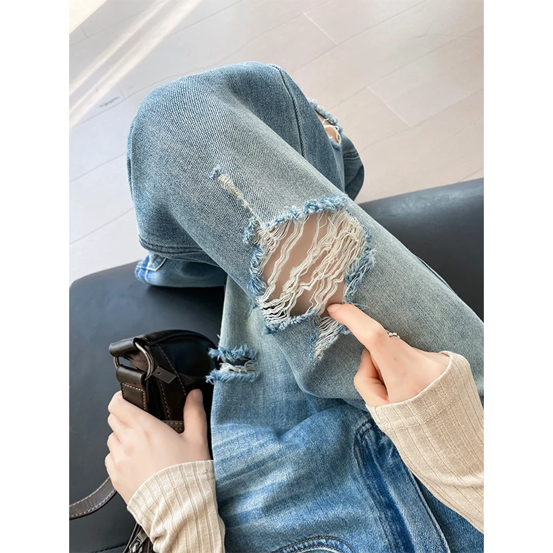 经典蓝色破洞潮流牛仔裤女2025夏高腰显瘦时尚百搭宽松遮肉拖地裤