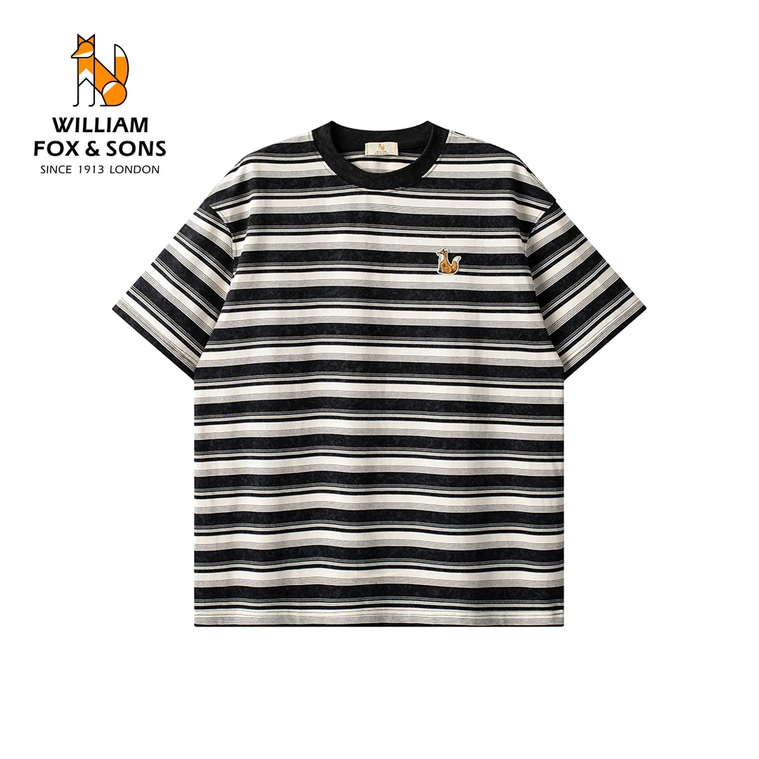 威廉福克斯提花条纹复古针织宽松休闲圆领坐姿狐狸刺绣短袖T恤男