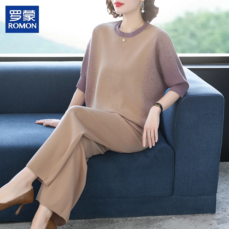 罗蒙妈妈装春夏针织两件套新款中年高档上衣中老年女时尚薄款套装