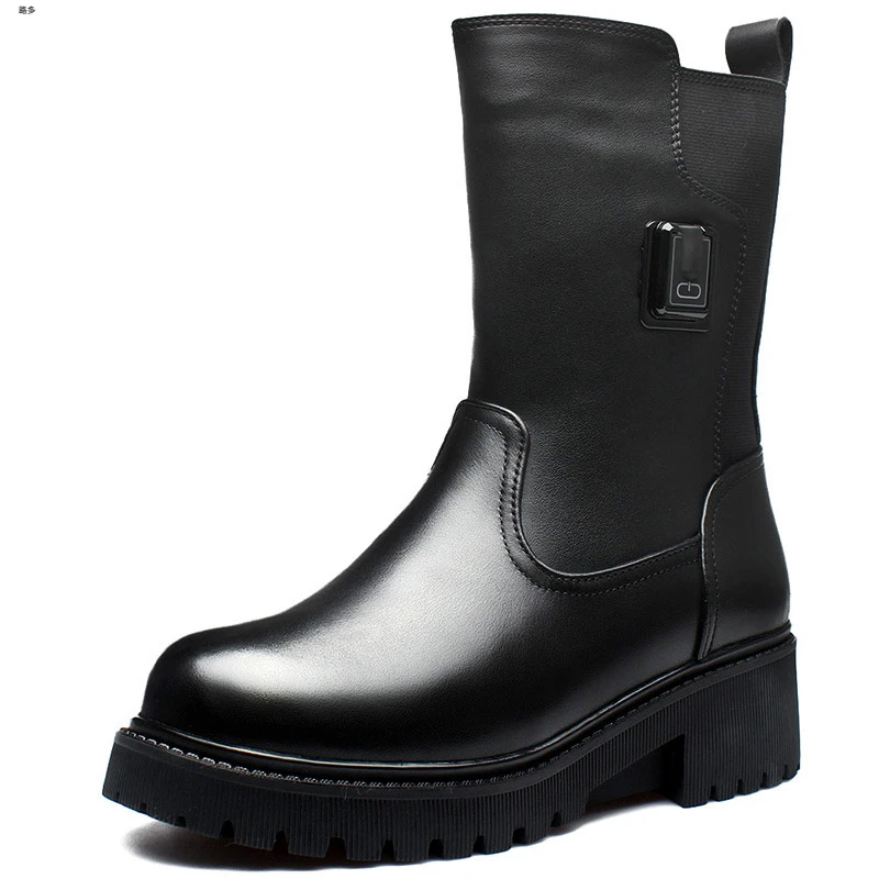 冬季加热鞋女户外充电发热鞋真皮电暖皮鞋加绒电热鞋