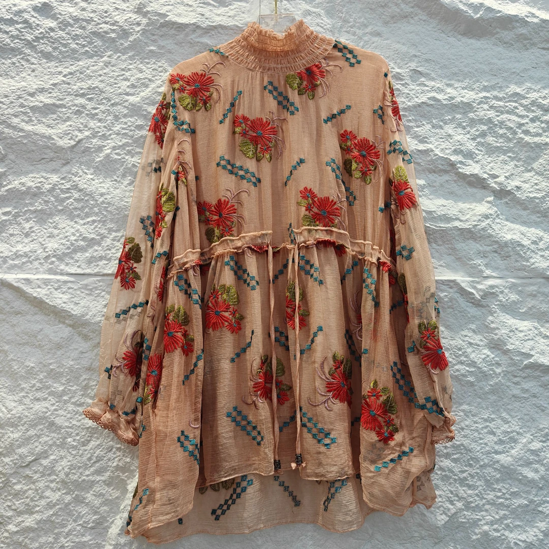 高领真丝刺绣短款真丝桑蚕丝顺纡绉宽松桑蚕气质上衣沙滩修身