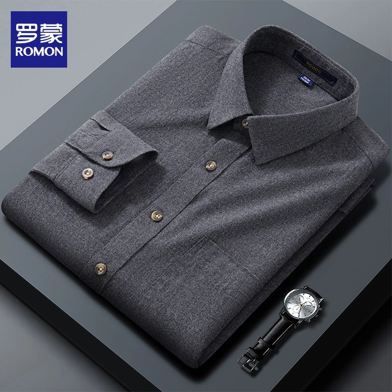 罗蒙男士轻奢长袖衬衫高档商务休闲纯棉衬衣春秋款中青年时尚男装
