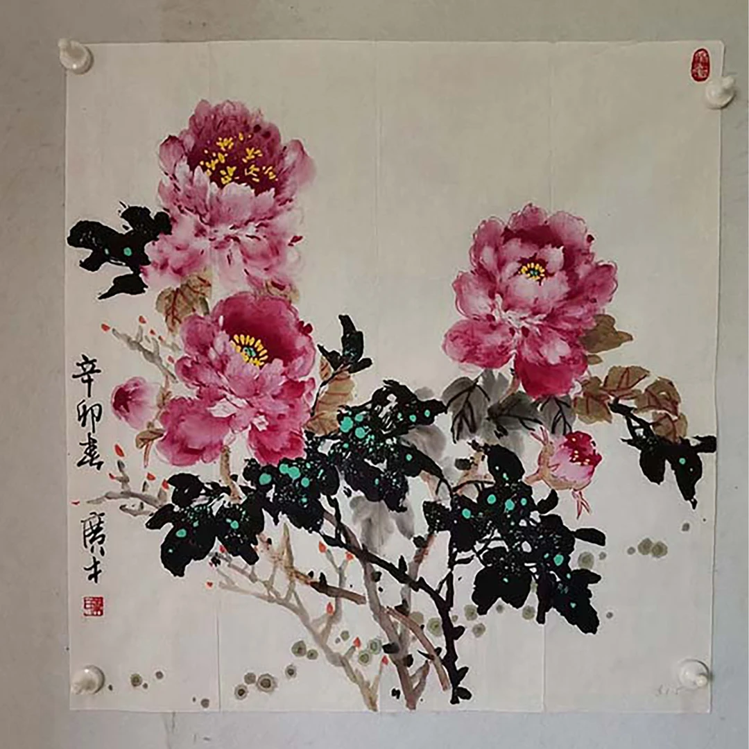 4081 纯手绘老字画《牡丹》斗方  尺寸 68×68