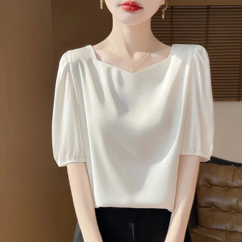 夏季新款丝滑短袖衬衫女圆领宽松五分袖缎面醋酸t恤薄款中袖上衣