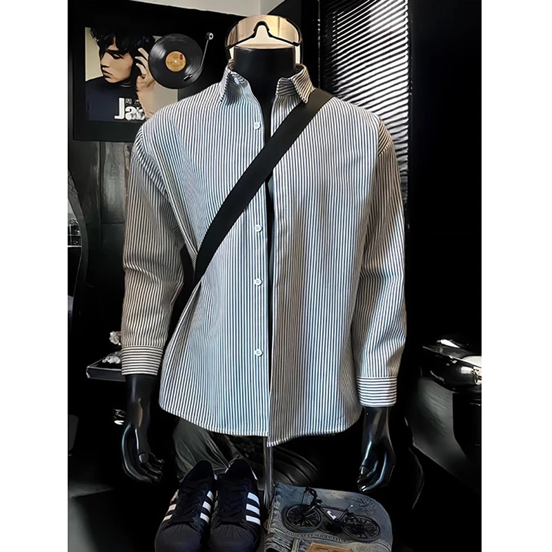 美式竖条纹纯棉衬衫男高级感春季高级感外套港风复古休闲长袖衬衣