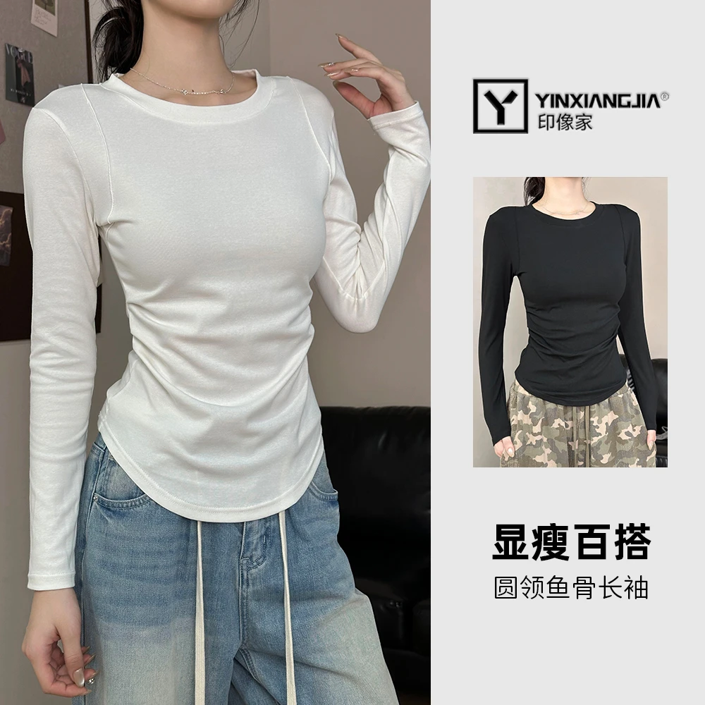 印像家2025设计感褶皱鱼骨修身纯欲早秋显瘦百搭长袖圆领t恤衫