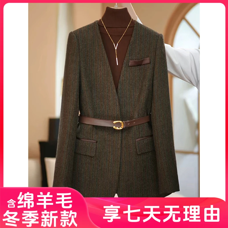 【AMNK服饰】2024秋冬咖绿色新款高级简约设计师系列西装外套