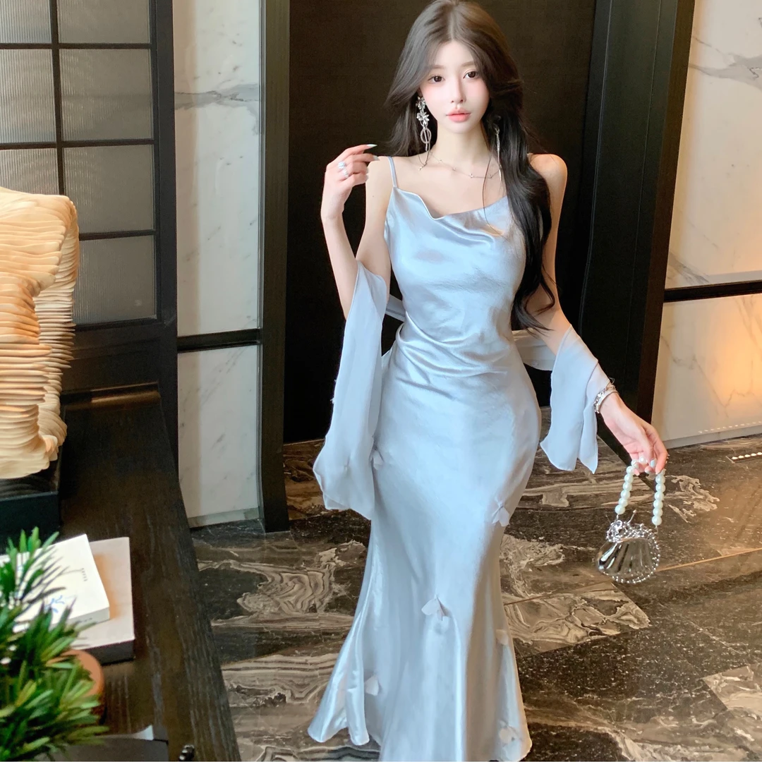 法式轻奢气质荡领鱼尾吊带连衣裙女夏名媛修身宴会礼服两件套