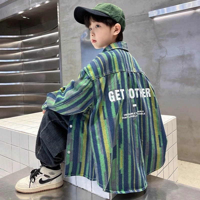男童小清新彩条牛仔外套2025秋季新款男孩宽松透气舒适软糯炸街酷