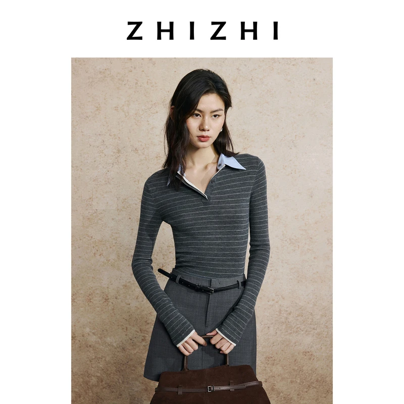 【橱窗】致知 曲江秋 全羊毛假两件Polo领条纹上衣撞色ZZ2EAKZZ022