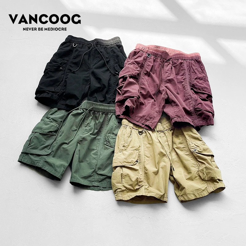 VANCOOG夏季美潮重磅宽松百搭五分中裤多口袋水洗复古哈伦短裤男