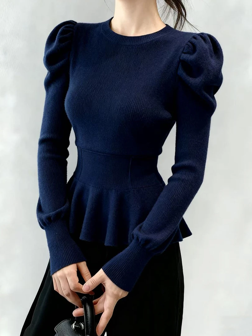 复古藏青色圆领荷叶边长袖针织衫女秋冬款高级感chic别致掐腰上衣