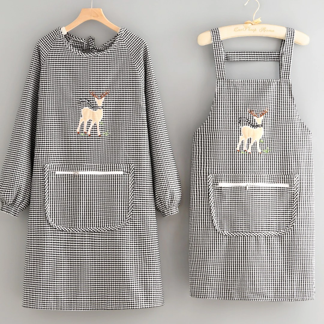 时尚简约新款长袖罩衣餐饮饭店防污围裙家用厨房做饭围腰透气耐脏