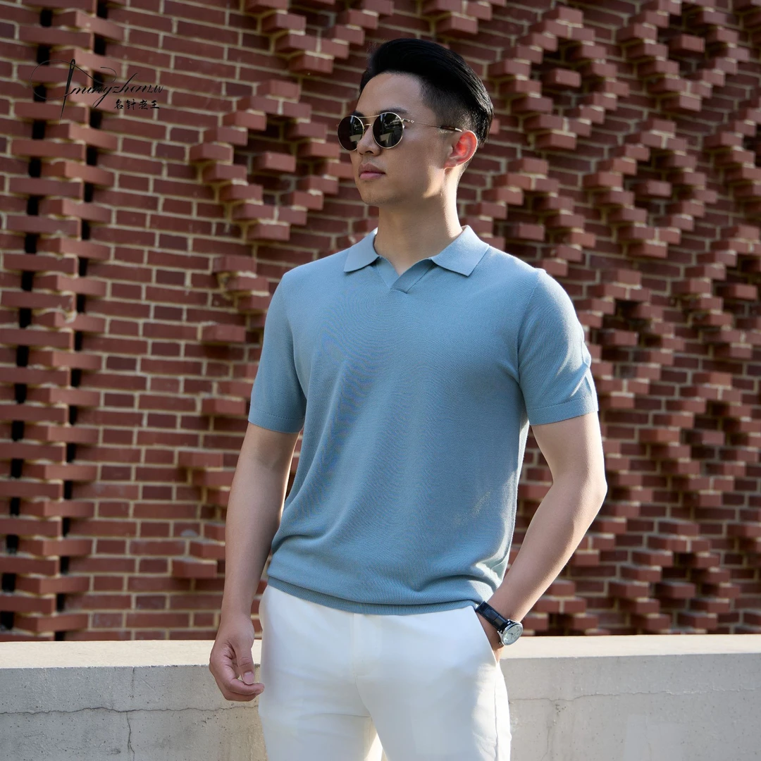 【名针老王】夏季 含桑蚕丝 针织海鸥领男士短袖t恤 纯色