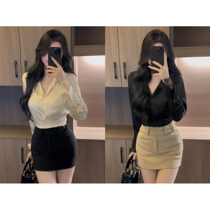 2024法轻熟风绸缎面上衣女设计感早秋V领衬衫收腰气质