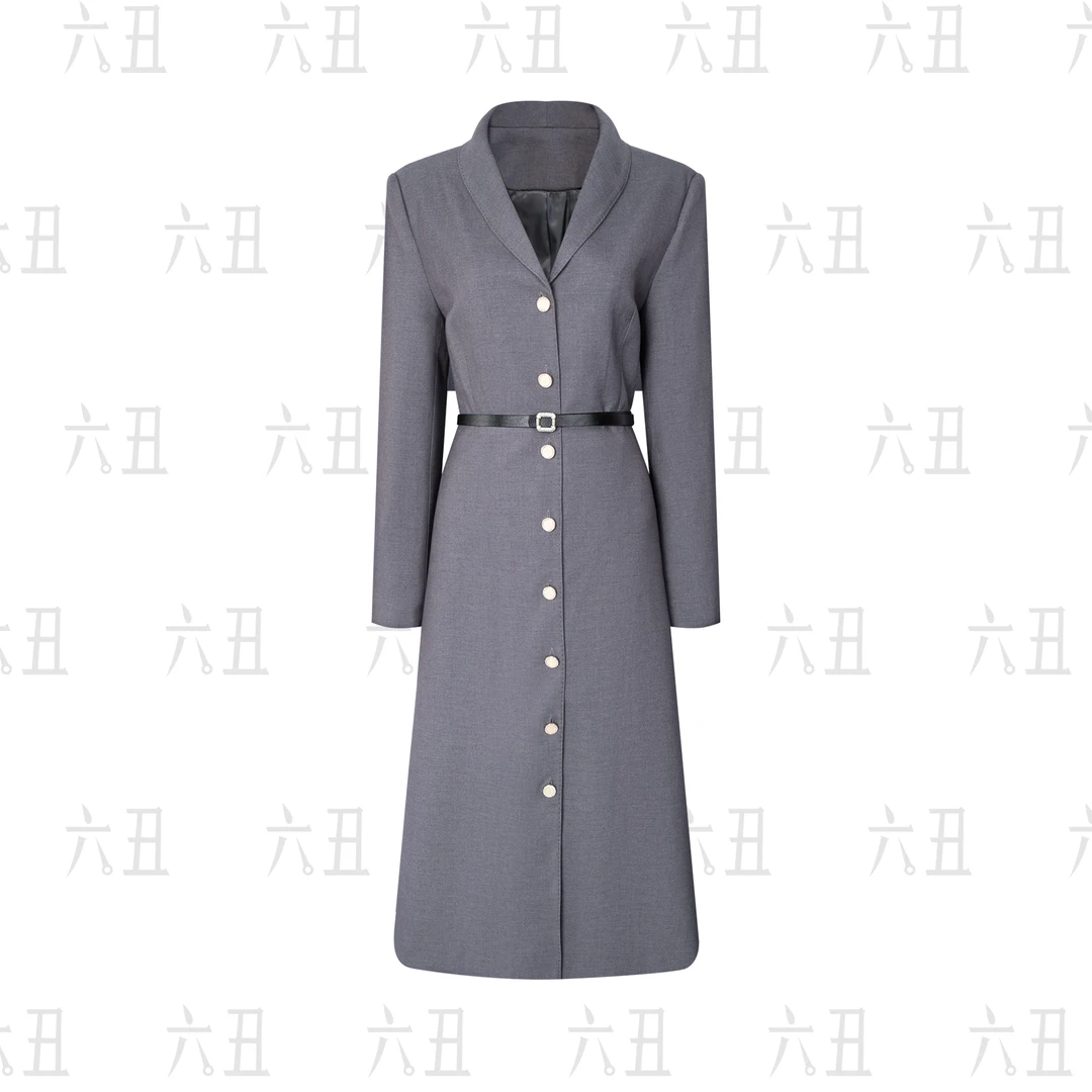 【六丑】新款时尚百搭气质单排多扣V领风衣连衣裙510AFY0246