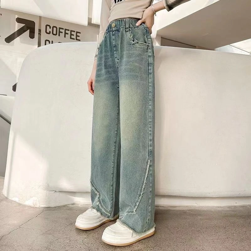 女童直筒春装新款女孩春季破洞洋气阔腿裤中大童韩版裤子潮