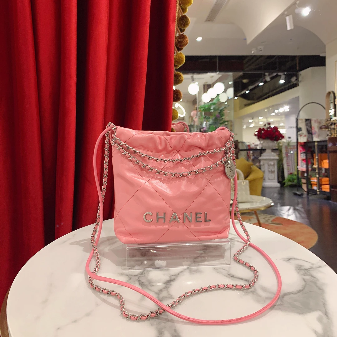 95新 Chanel/香奈儿 22bag垃圾袋mini粉色银扣油蜡91901930