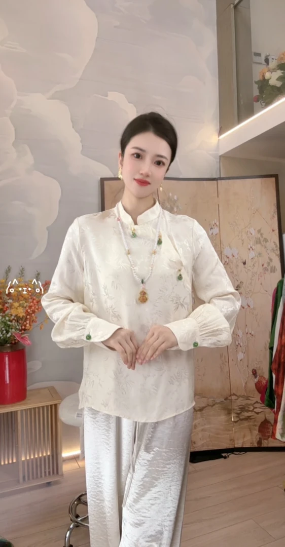 2025年春季新款重磅提花国风上衣新中式女装立领长袖衬衫 b25001