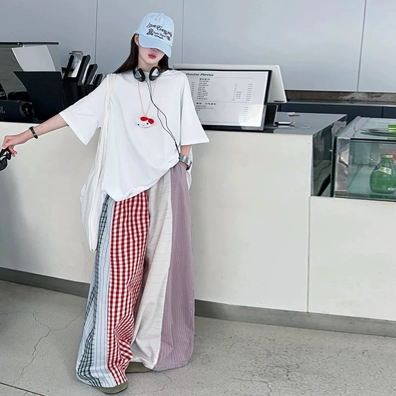 中大童女童套装2025夏季宽松大白T恤个性拼接款裤子两件套82852