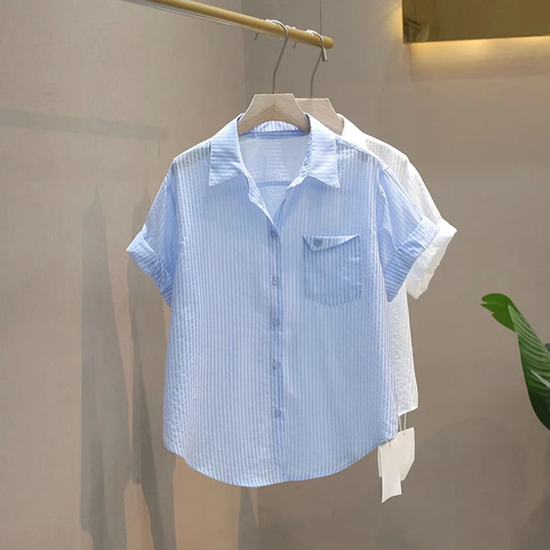 设计感小众条纹衬衫女2025夏季新款宽松大码遮肚子显瘦小个子衬衣