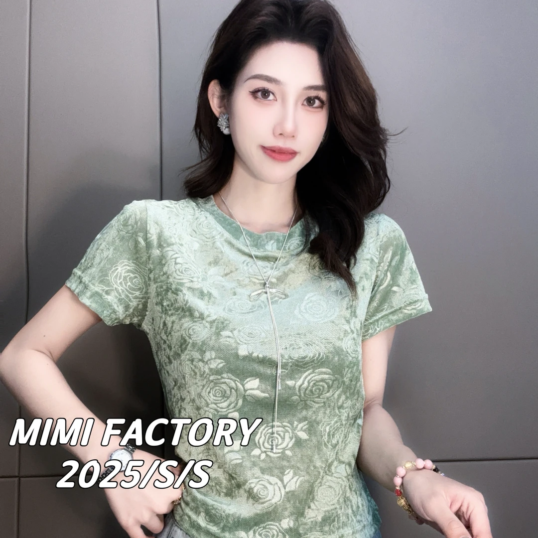 芈芈2025夏新款欧货晕染花朵短袖T恤女修身显瘦时尚百搭上衣4718#