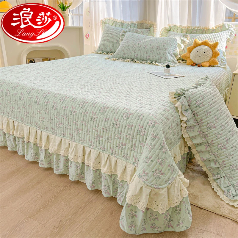 浪莎全棉夹棉床盖单件花边款带床裙床单纯棉榻榻米炕盖四季通用