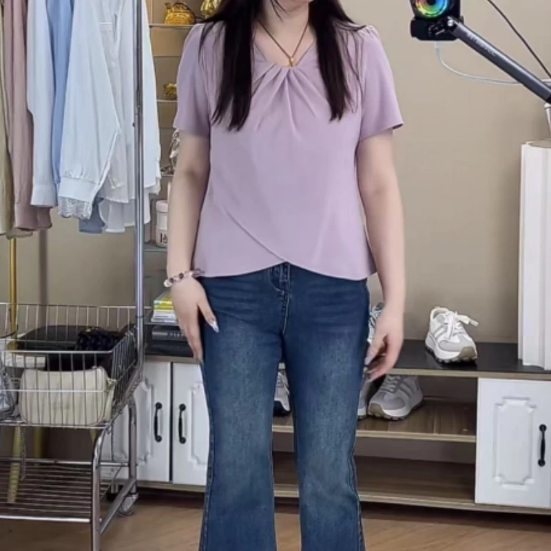 大码女装洋气减龄短袖T恤女夏季新款微胖妹妹遮肉显瘦设计感上衣