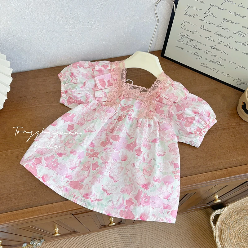 女童新款夏季时尚洋气粉色碎花蕾丝花边衬衣女宝宝休闲品质童装潮