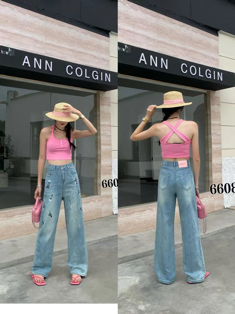 2025-夏季新品女士简约百搭休闲显瘦高腰刺绣直筒牛仔裤【66089】