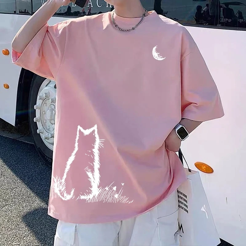 卡通猫咪图案t恤重磅美式纯棉短袖大码200斤男生夏季小领口半截袖