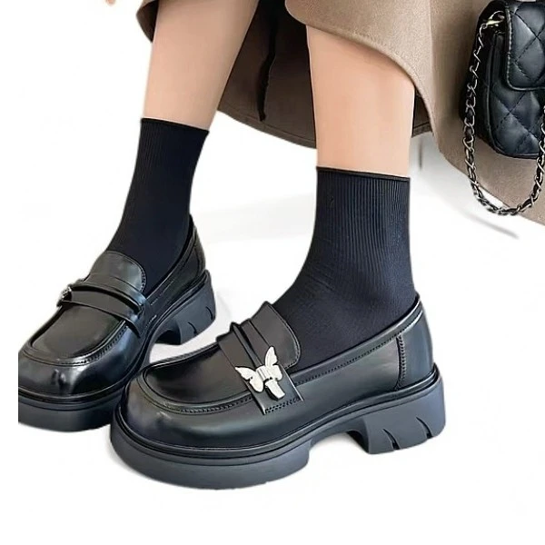 女士单鞋粗跟时尚厚底英伦乐福鞋百搭圆头休闲真皮英伦风复古流行