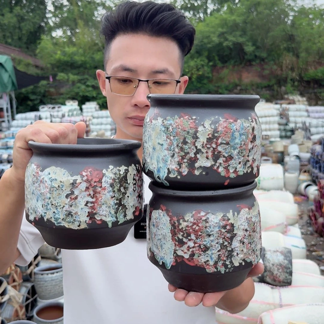 紫砂花盆口15高15（三个直筒泼墨