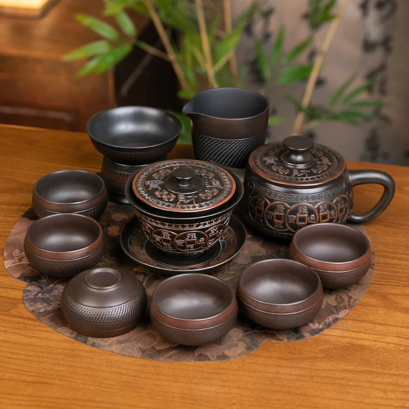 紫陶茶壶悬停三才盖碗茶具汉瓦紫砂单壶陶瓷高档办公家用泡茶套装