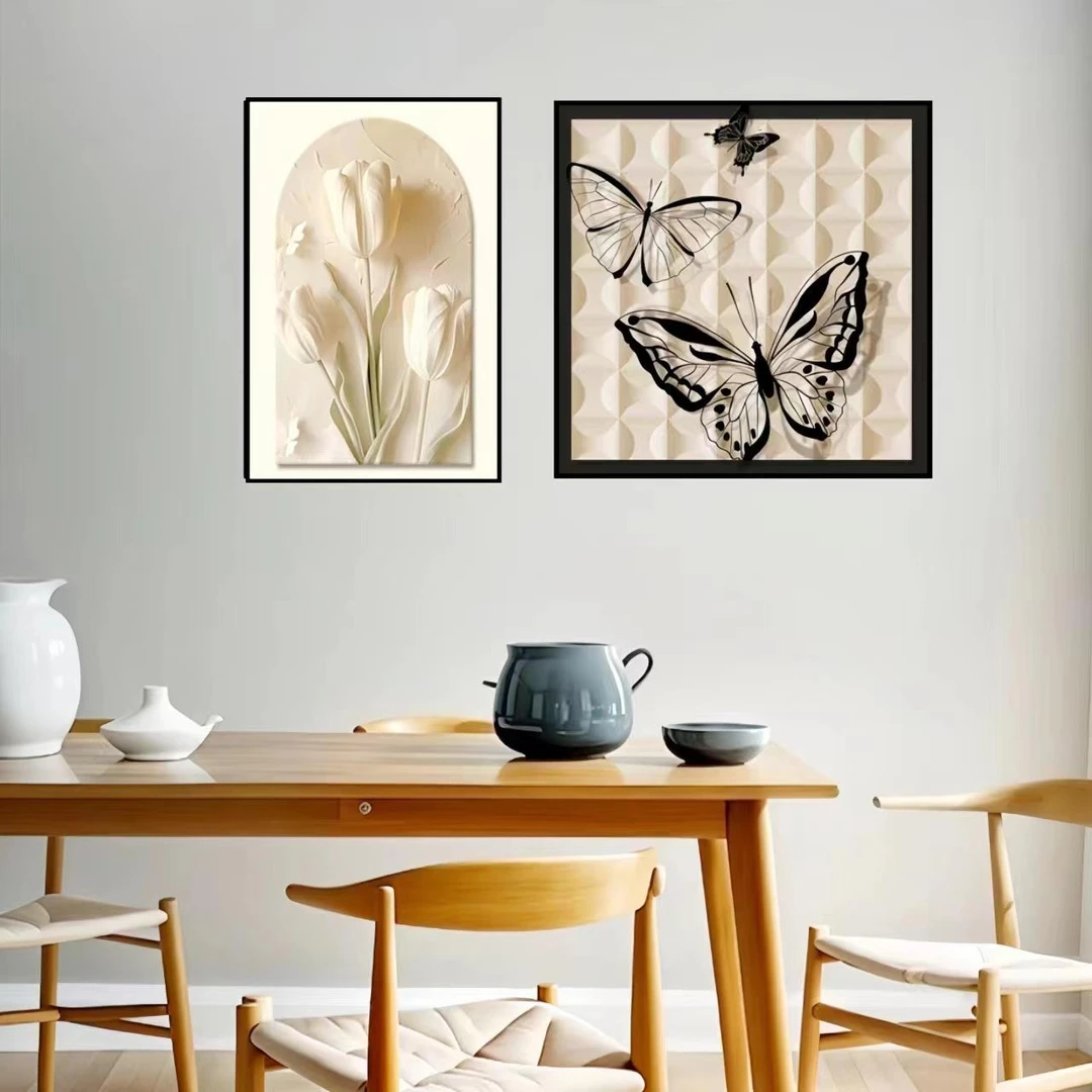 奶油风餐厅卧室挂画黑白抽象简单竖版双联立体卧室挂画铝合金框