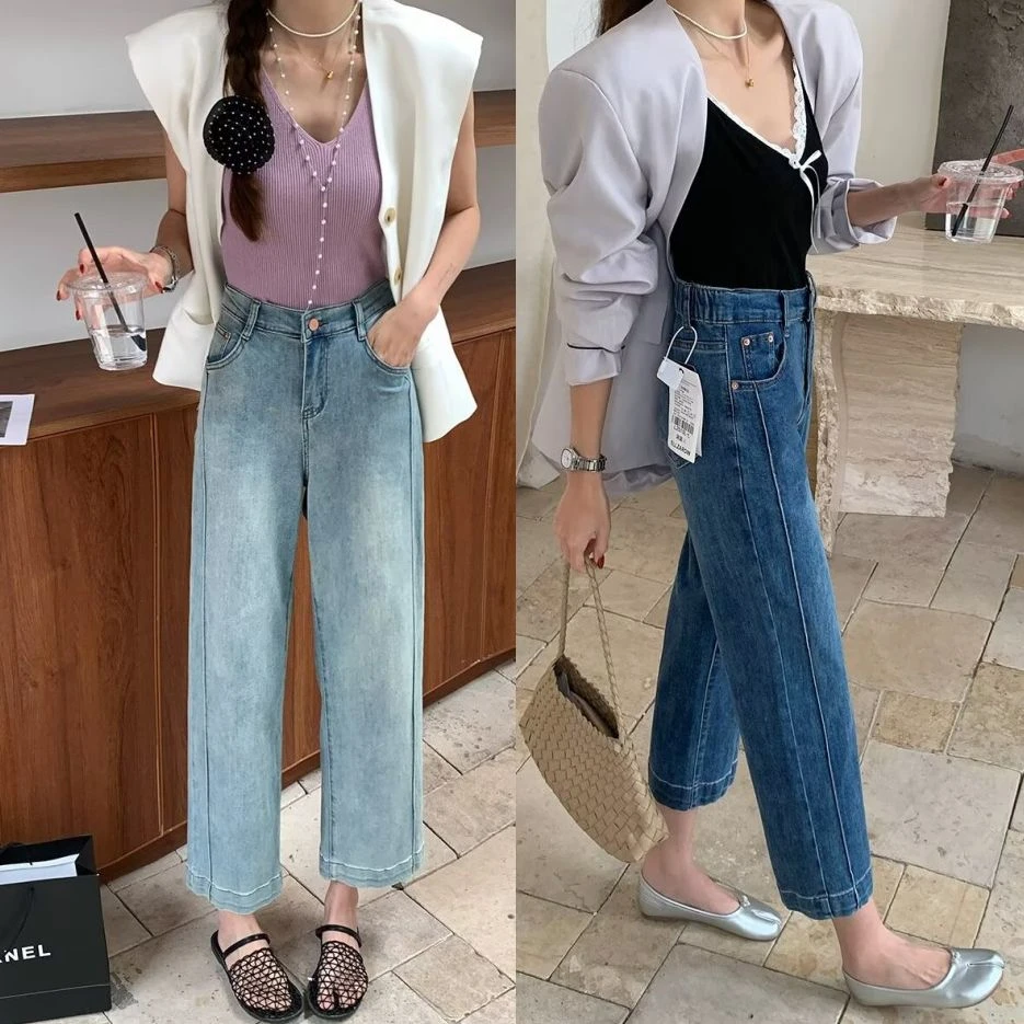 大码胖mm高腰弹力显瘦牛仔裤夏季薄款百搭遮胯休闲显瘦九分直筒裤