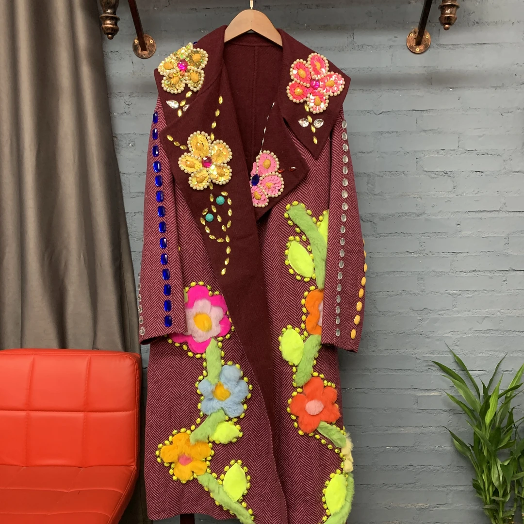 气质手工轻奢老钱风紫红色双面大衣