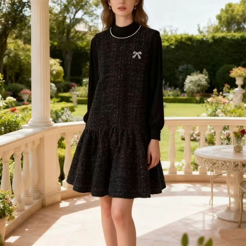 8823#秋冬新款简约小香风无袖背心连衣裙气质显瘦珠子蝴蝶结配饰