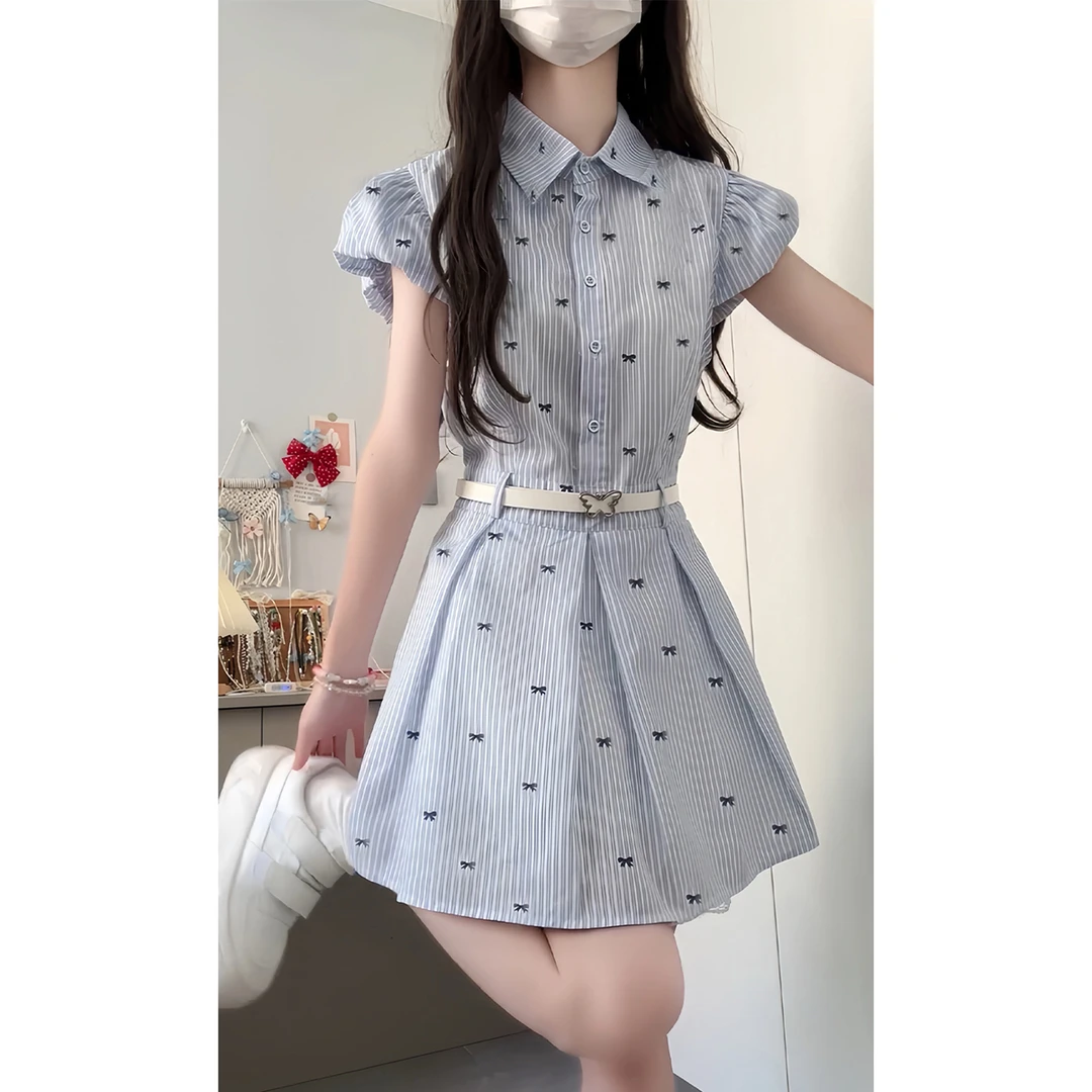 小个子蓝色条纹衬衫连衣裙子女夏季2025新款韩系穿搭气质收腰短裙