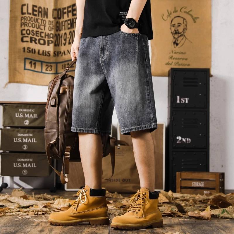 高端休闲牛仔短裤男夏季潮牌宽松大码五分裤简约外穿男士直筒中裤