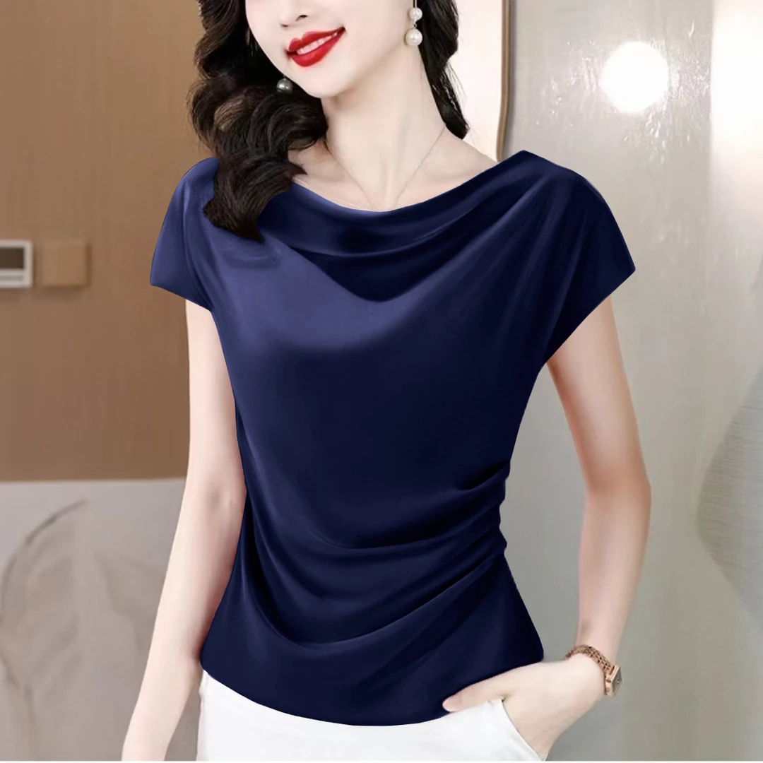 气质荡领短袖t恤女士雪纺上衣新款夏季法式高级感妈妈减龄小衫