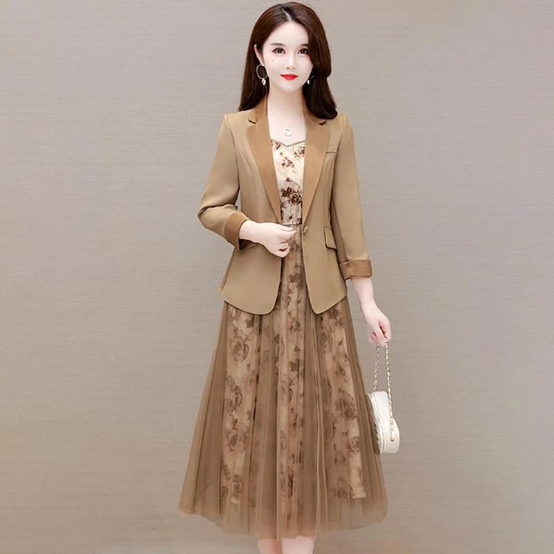 春秋装2025年夏装女套装吊带搭配整套中年网纱小西装两件套连衣裙