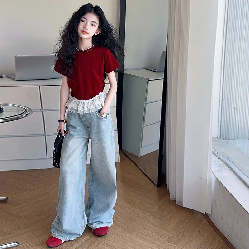 【酷哒仔】女童夏季多巴胺蕾丝花边短袖上衣牛仔裤子两件套装潮范韩