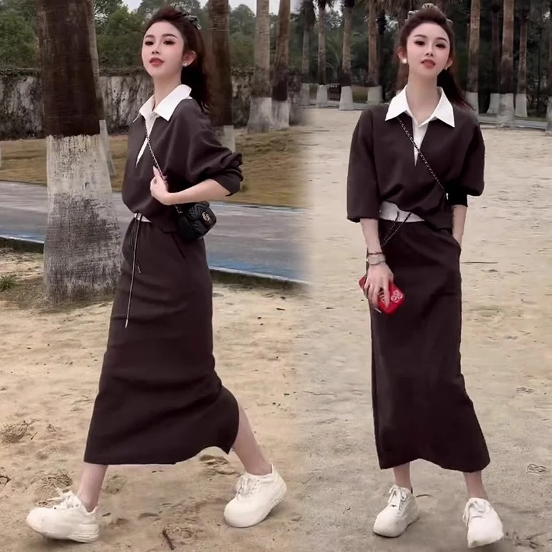 时尚休闲套装女2025春季新款洋气显瘦假两件拼色卫衣半身裙两件套