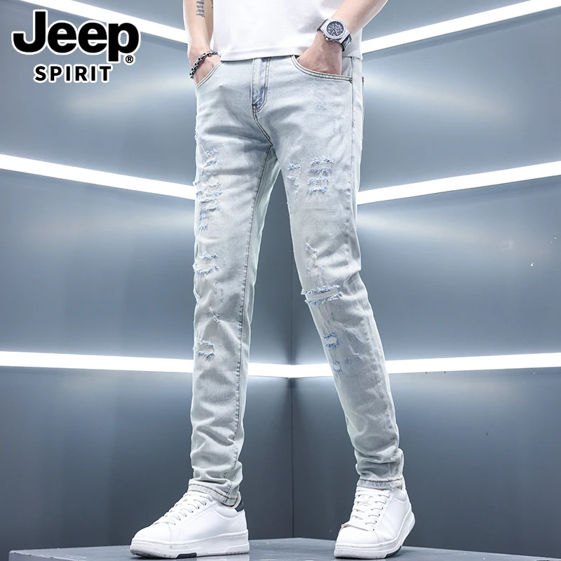 JEEPSPIRIT秋季新款男士破洞牛仔裤男潮流薄款弹力修身小脚休闲裤