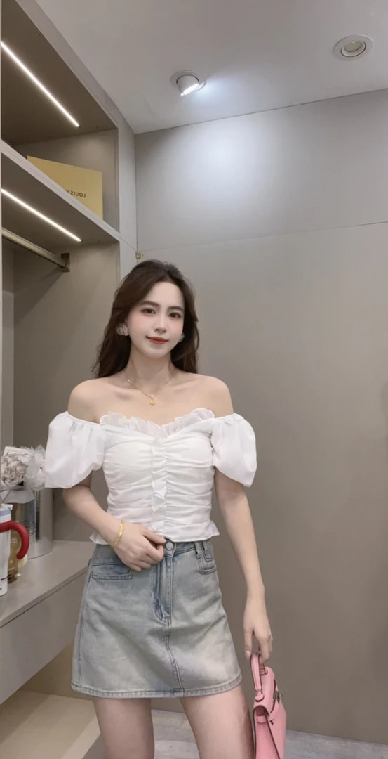 敏敏推荐【甜心可露丽】法式大V领泡泡袖露肩提花衬衫上衣25688