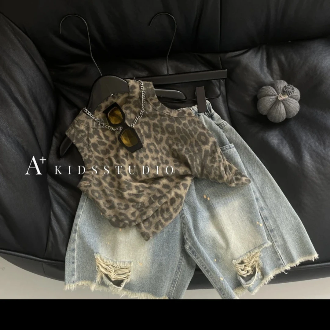 儿童背心套装2025夏季新款男童豹纹背心无袖休闲百搭牛仔裤两件套