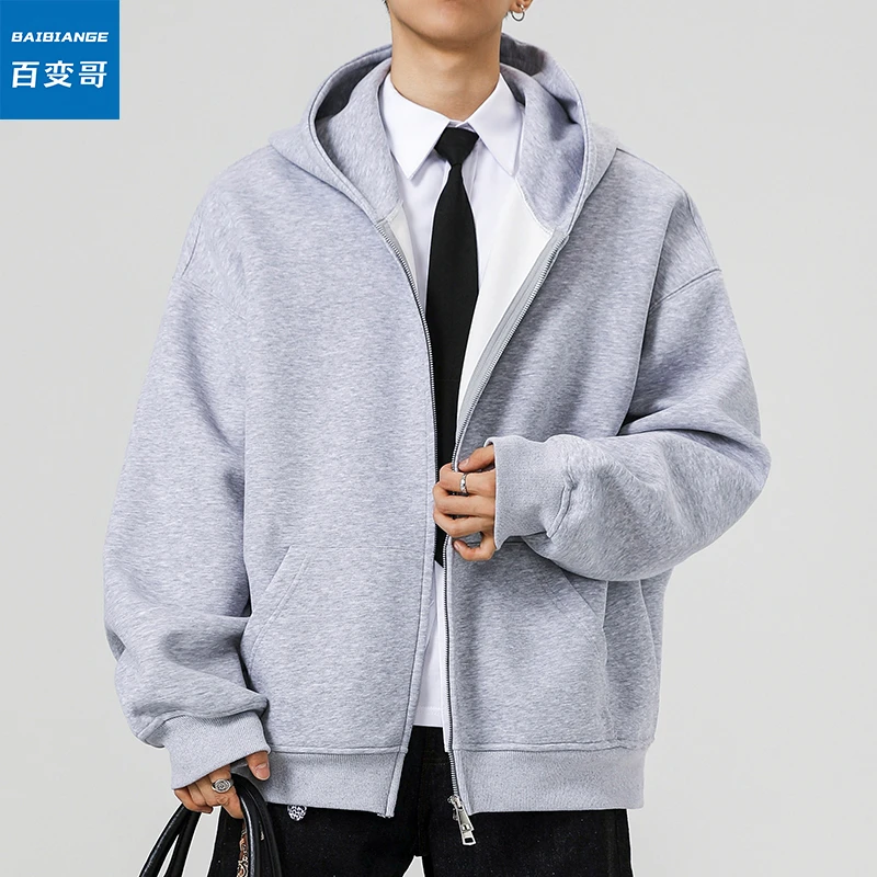 男士设计感双开拉链卫衣春秋季百搭重磅宽松连帽外套日系慵懒开衫