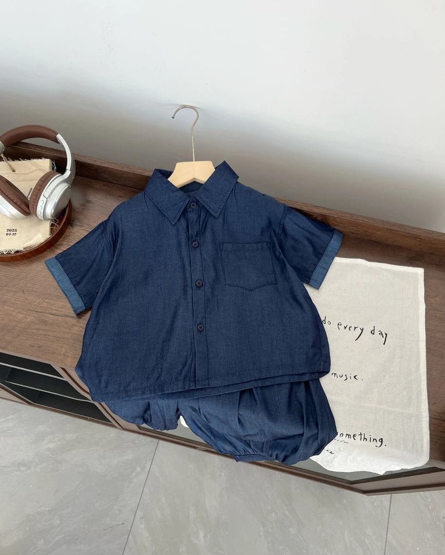 【小蛋壳】现货-2025春夏韩系男女童冰丝牛仔衬衫短裤套装TML0210